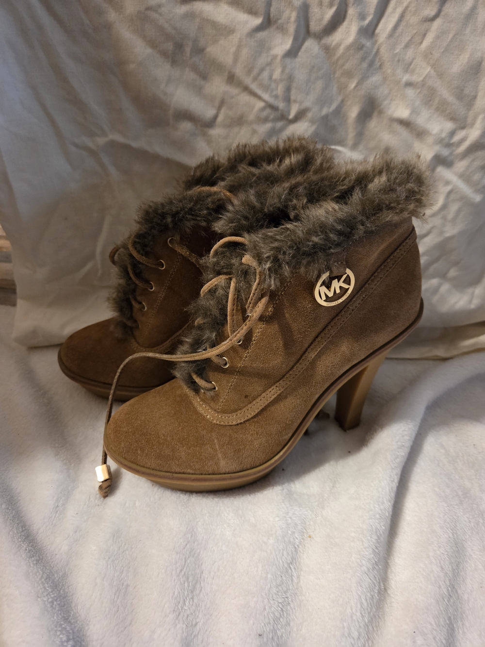 Michael Kors Brown Suede Fur-Trim Lace-Up Heeled Booties